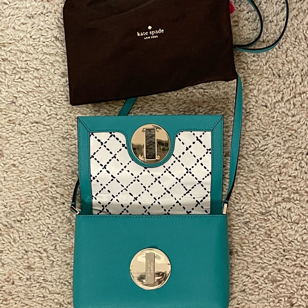 Kate Spade- NY Teal clutch, shoulder strap, storage sleeve/care instructions.